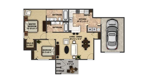 Floor plan for 2 beds, 2 baths, 1025 sqft
