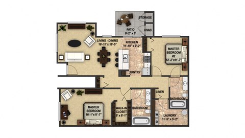 Floor plan for 2 beds, 2 baths, 1184 sqft