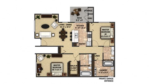 Floor plan for 2 beds, 2 baths, 1184 sqft