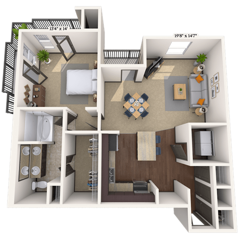 Floor plan for 1 bed, 1 bath, 963 sqft