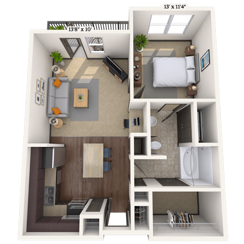 Floor plan for 1 bed, 1 bath, 754 sqft