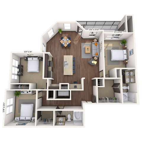 Floor plan for 3 beds, 2 baths, 1486 sqft