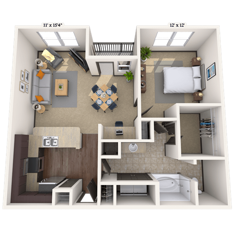 Floor plan for 1 bed, 1 bath, 842 sqft