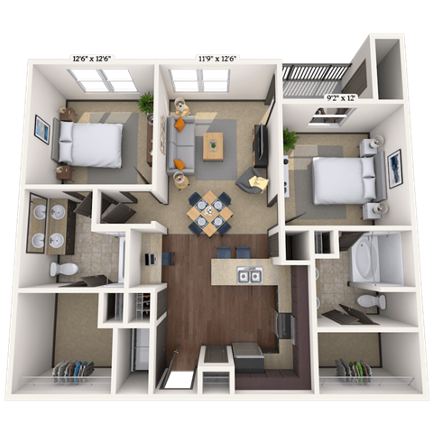 Floor plan for 2 beds, 2 baths, 1066 sqft