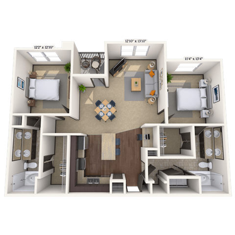 Floor plan for 2 beds, 2 baths, 1243 sqft
