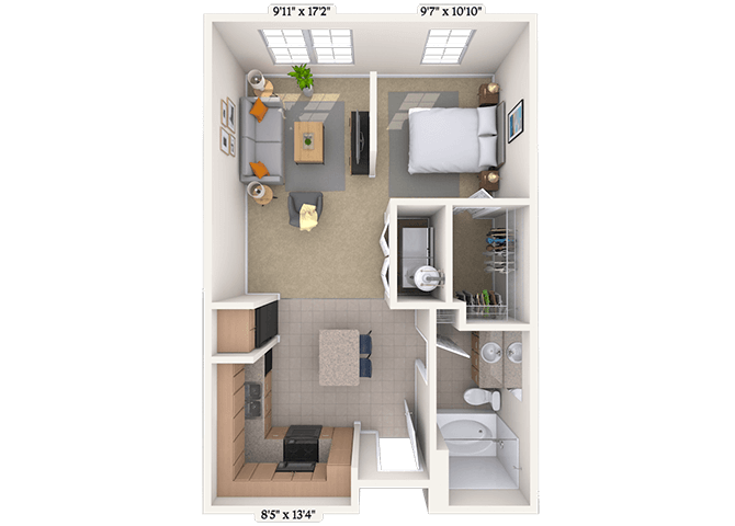 Floor plan for studio, 1 bath, 600 sqft
