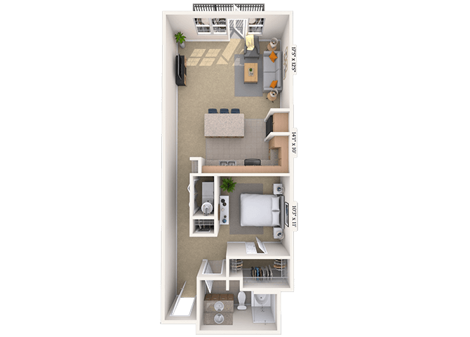 Floor plan for studio, 1 bath, 967 sqft