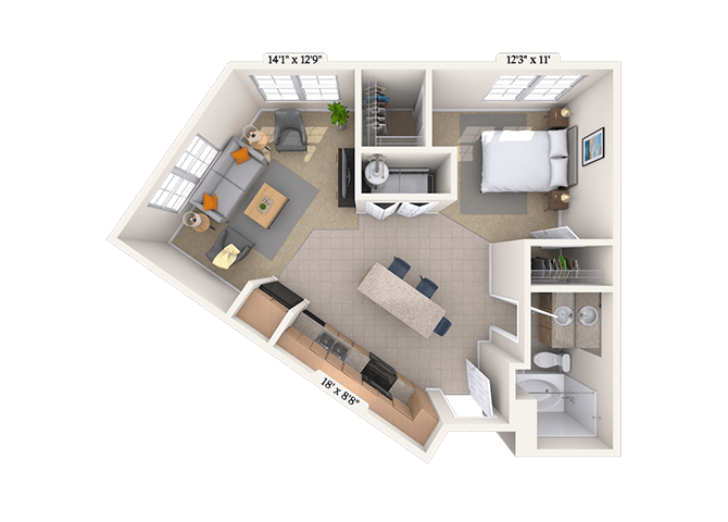 Floor plan for studio, 1 bath, 714 sqft