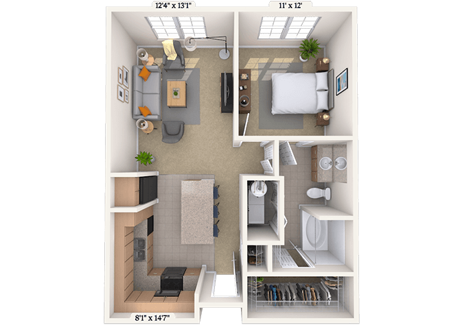 Floor plan for 1 bed, 1 bath, 853 sqft