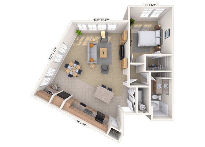 Floor plan for 1 bed, 1 bath, 897 sqft