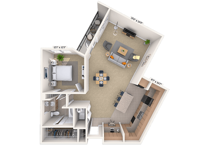 Floor plan for 1 bed, 1 bath, 977 sqft