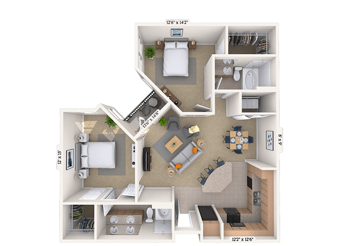 Floor plan for 2 beds, 2 baths, 1076 sqft