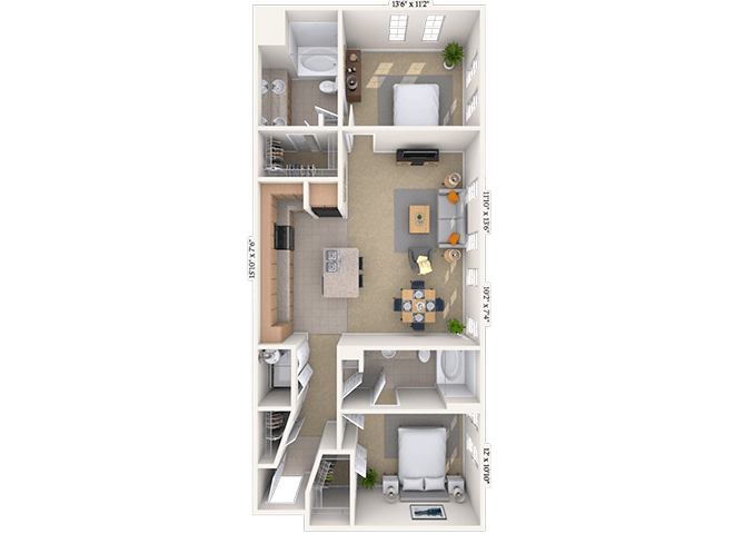 Floor plan for 2 beds, 2 baths, 1100 sqft