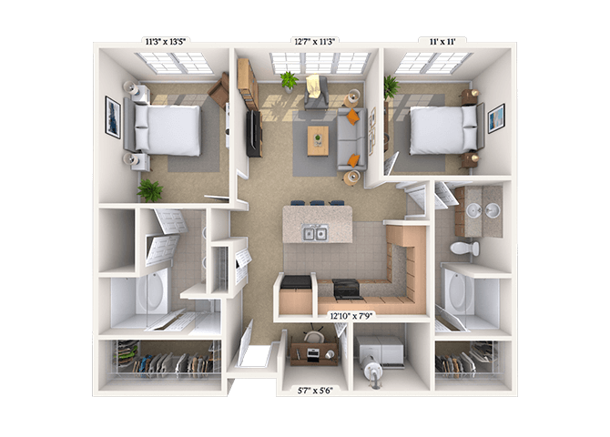Floor plan for 2 beds, 2 baths, 1129 sqft