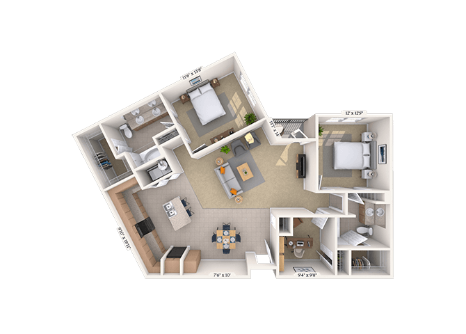 Floor plan for 2 beds, 2 baths, 1376 sqft