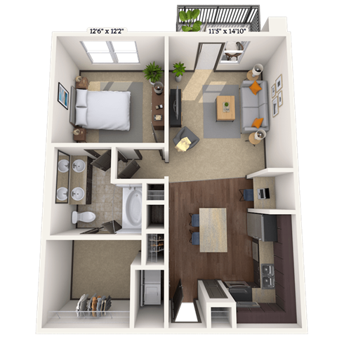 Floor plan for 1 bed, 1 bath, 808 sqft