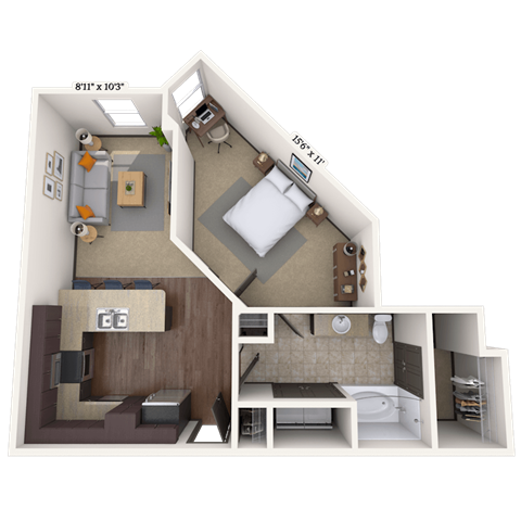 Floor plan for 1 bed, 1 bath, 790 sqft