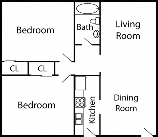 Floor plan for 2 beds, 1 bath, 875 sqft