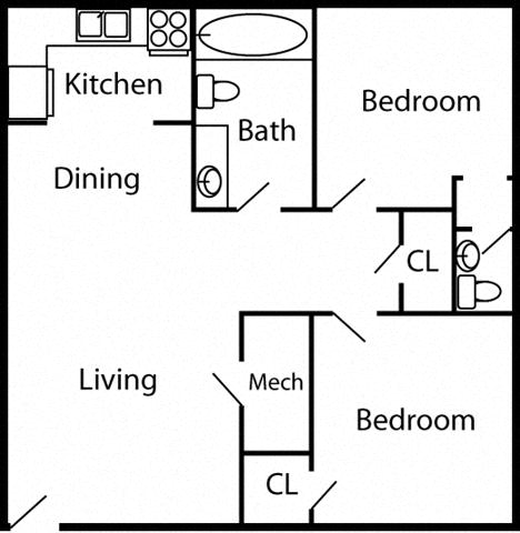 Floor plan for 2 beds, 1.5 baths, 940 sqft