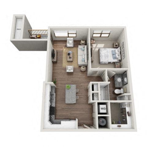 Floor plan for 1 bed, 1 bath, 860 sqft