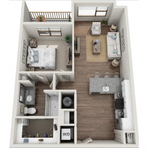 Floor plan for 1 bed, 1 bath, 747 sqft