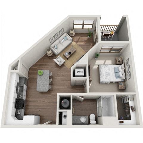 Floor plan for 1 bed, 1 bath, 768 sqft