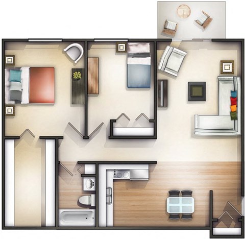 Floor plan for 2 beds, 907 sqft
