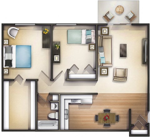 Floor plan for 2 beds, 850 sqft