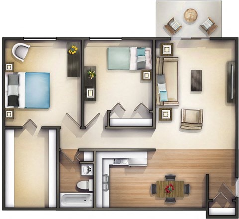 Floor plan for 2 beds, 850 sqft