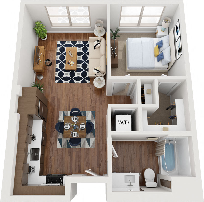 Floor plan for 1 bed, 1 bath, 673 sqft