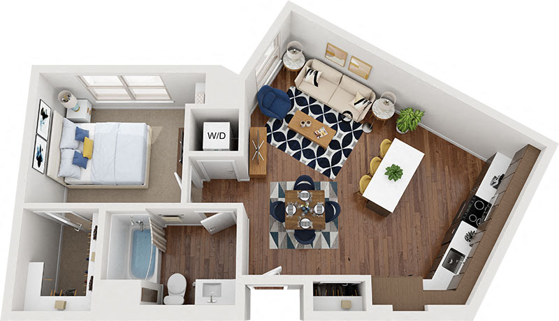 Floor plan for 1 bed, 1 bath, 731 sqft