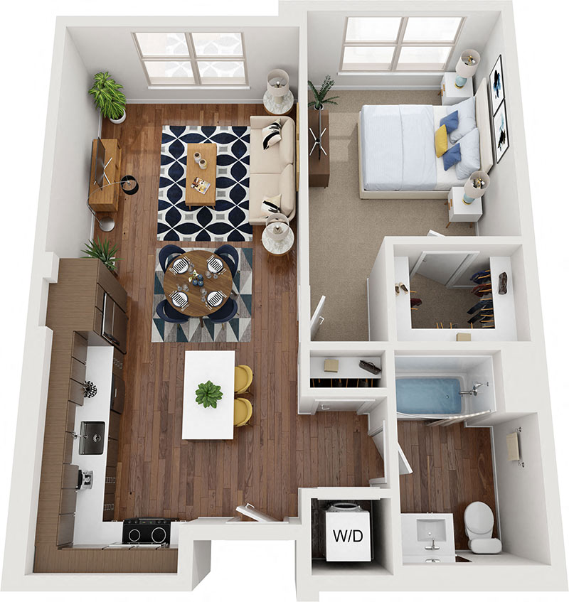 Floor plan for 1 bed, 1 bath, 743 sqft