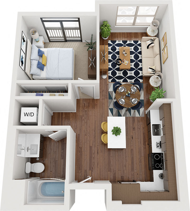 Floor plan for 1 bed, 1 bath, 653 sqft