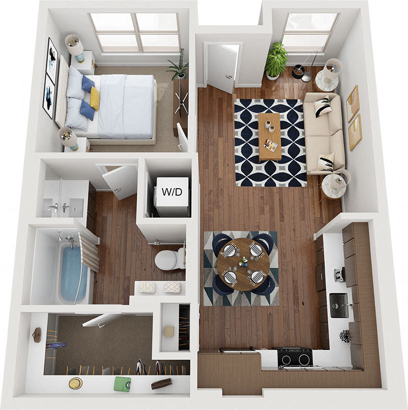 Floor plan for 1 bed, 1 bath, 664 sqft