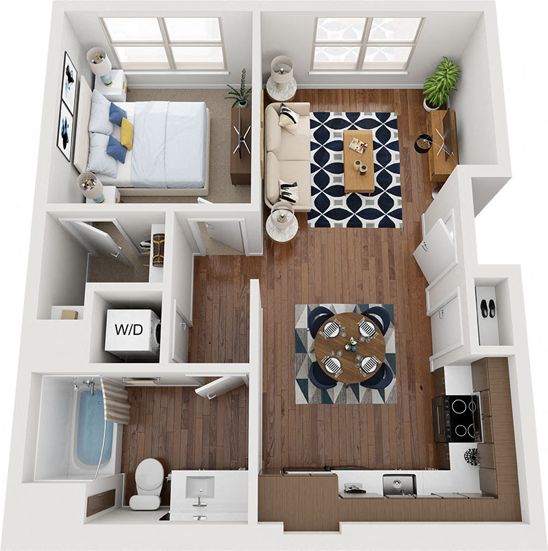 Floor plan for 1 bed, 1 bath, 664 sqft