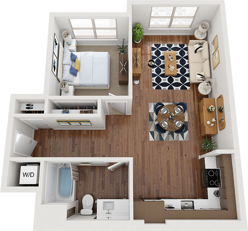 Floor plan for 1 bed, 1 bath, 736 sqft