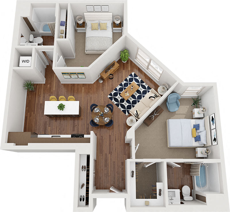 Floor plan for 2 beds, 2 baths, 1139 sqft