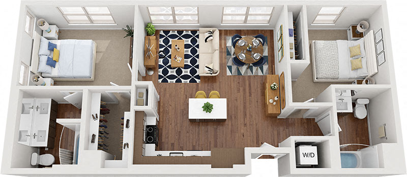 Floor plan for 2 beds, 2 baths, 1025 sqft