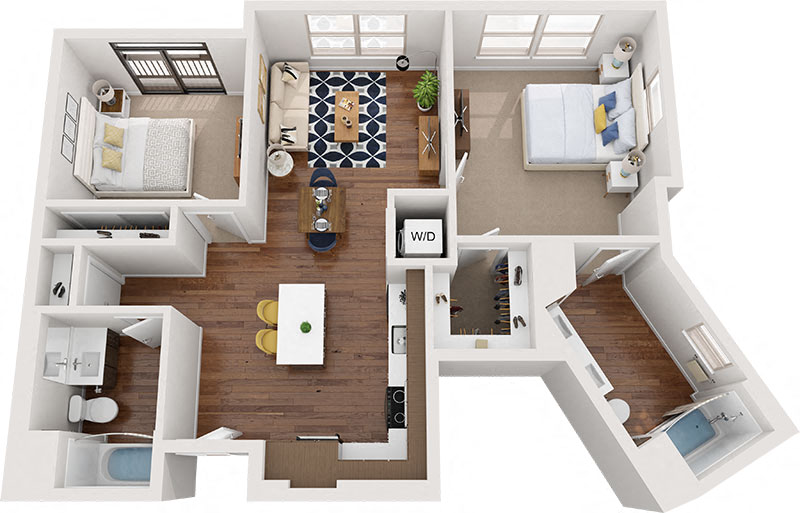 Floor plan for 2 beds, 2 baths, 1007 sqft