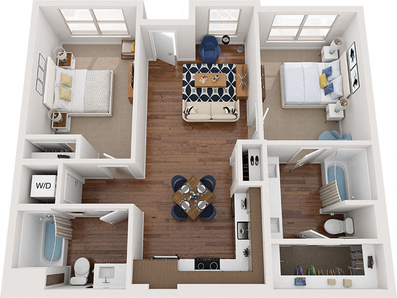 Floor plan for 2 beds, 2 baths, 969 sqft