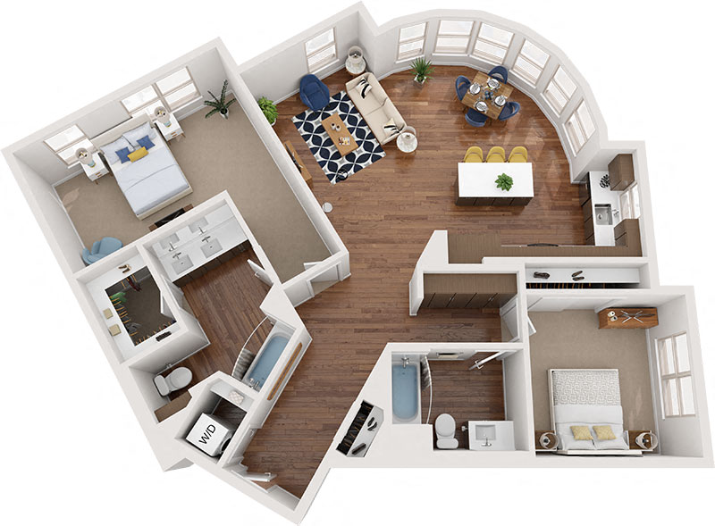 Floor plan for 2 beds, 2 baths, 1373 sqft