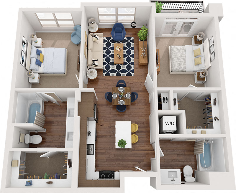 Floor plan for 2 beds, 2 baths, 975 sqft