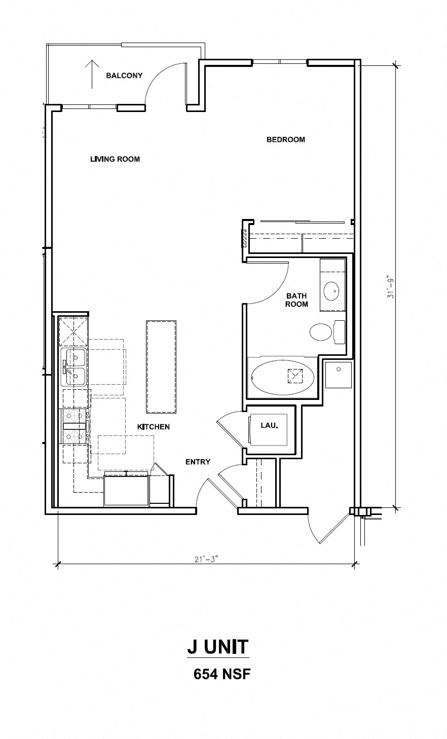 Floor plan for studio, 1 bath, 654 sqft
