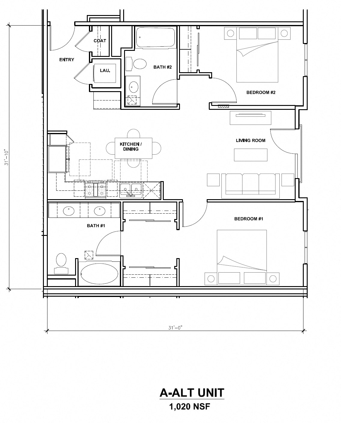 Floor plan for 2 beds, 2 baths, 1020 sqft