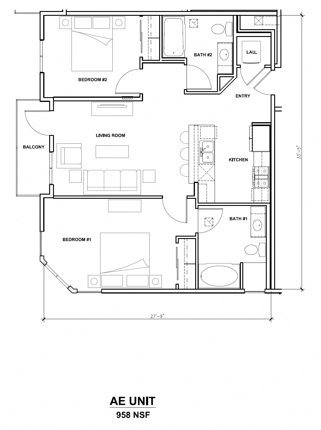 Floor plan for 2 beds, 2 baths, 958 sqft