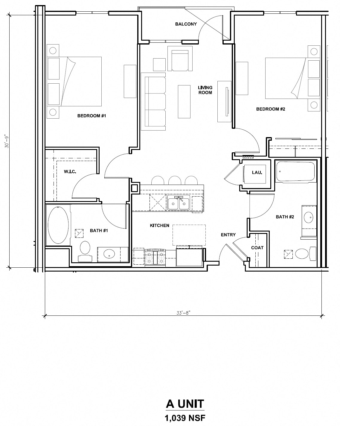 Floor plan for 2 beds, 2 baths, 1039 sqft