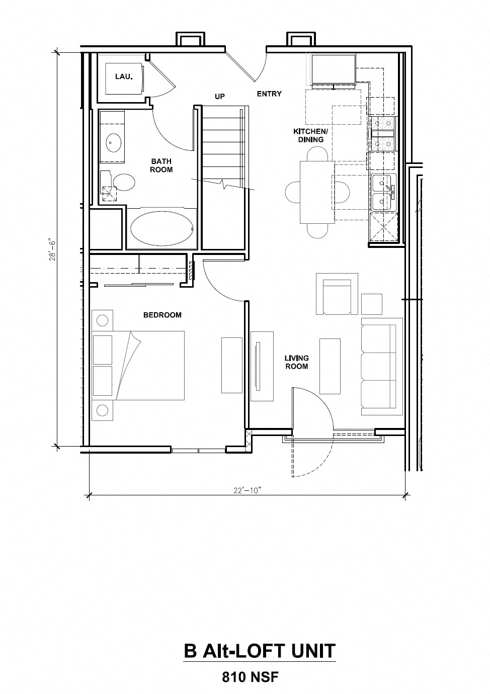 Floor plan for 1 bed, 1 bath, 673 sqft