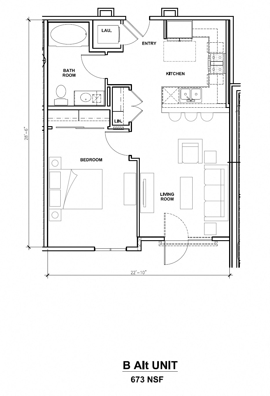Floor plan for 1 bed, 1 bath, 673 sqft