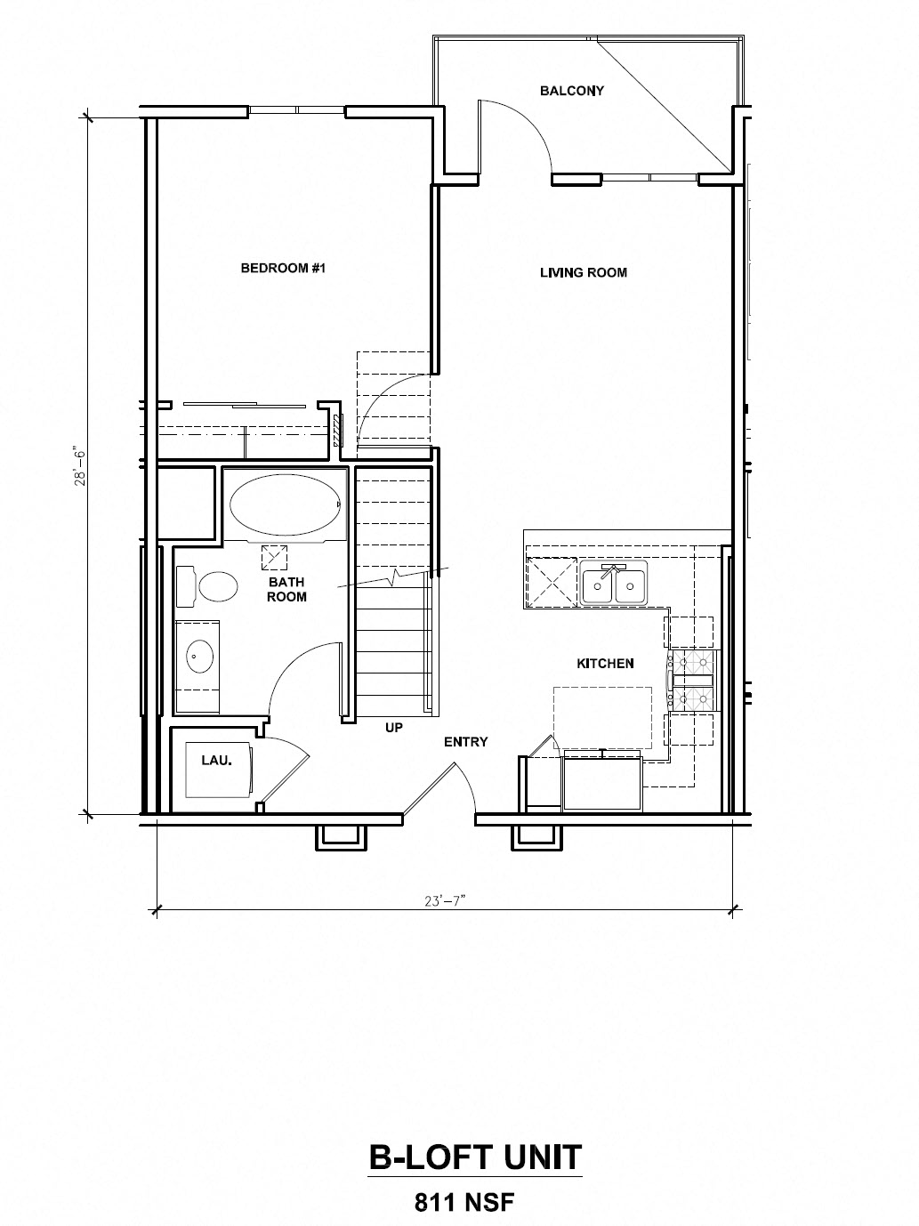 Floor plan for 1 bed, 1 bath, 811 sqft