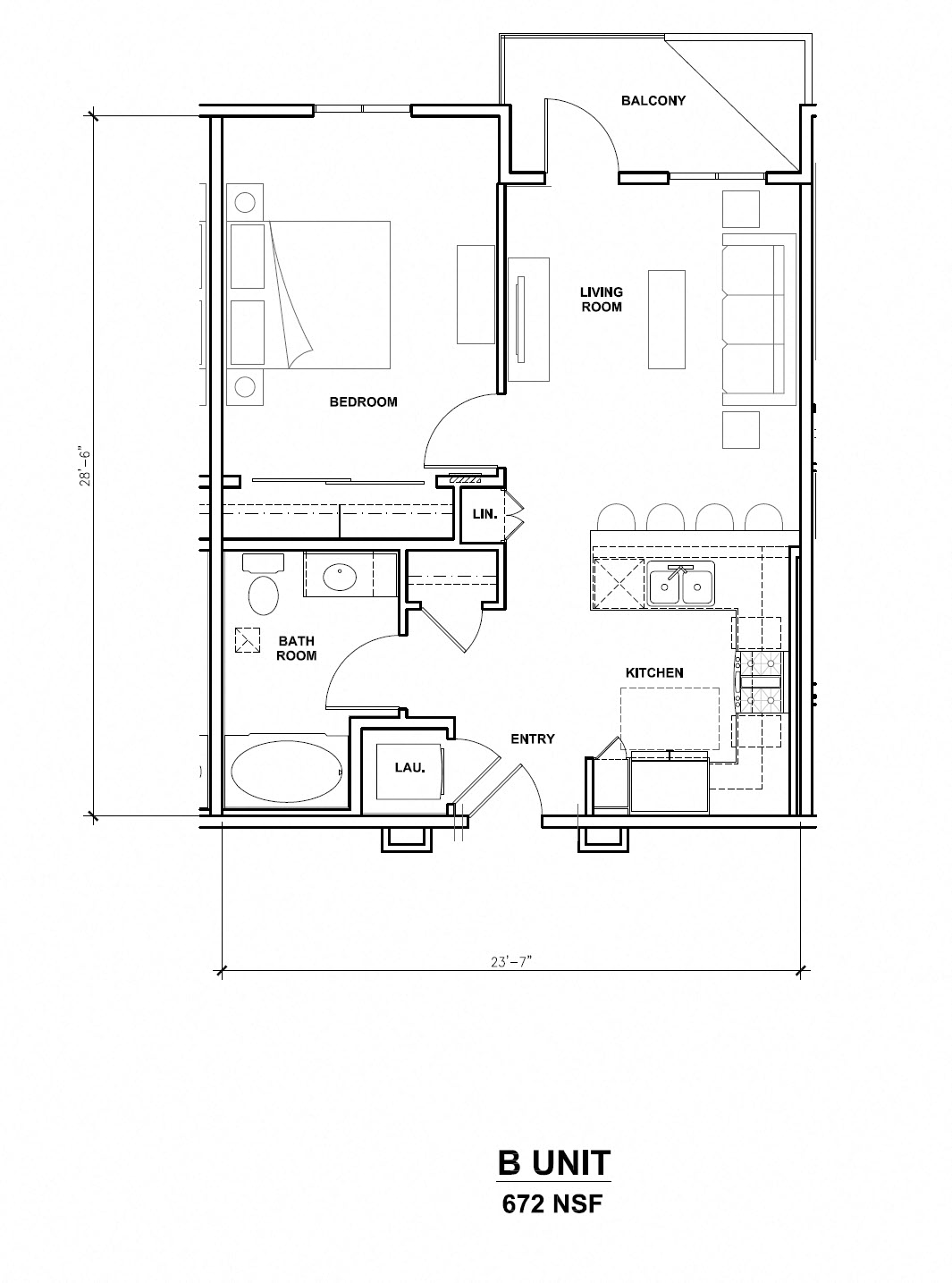 Floor plan for 1 bed, 1 bath, 672 sqft